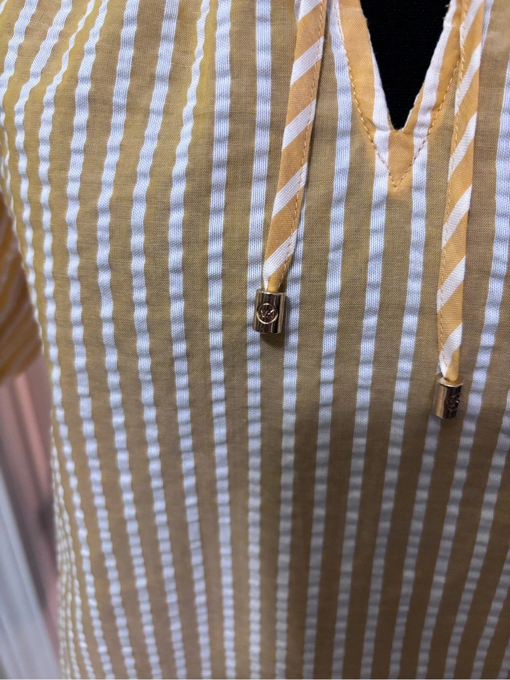 Michael Kors Yellow and White Striped Tie-Neck Blouse